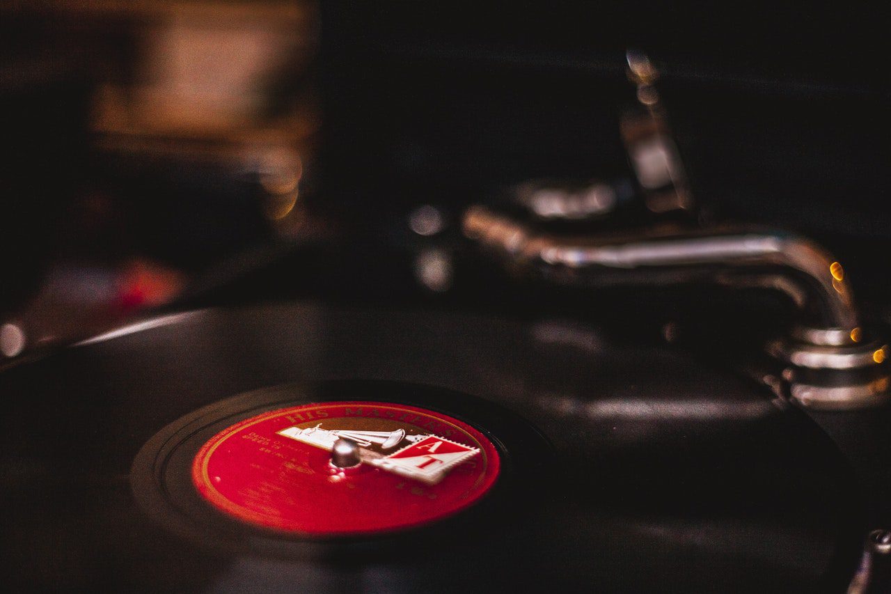 Vinyl record playing on vintage turntable.