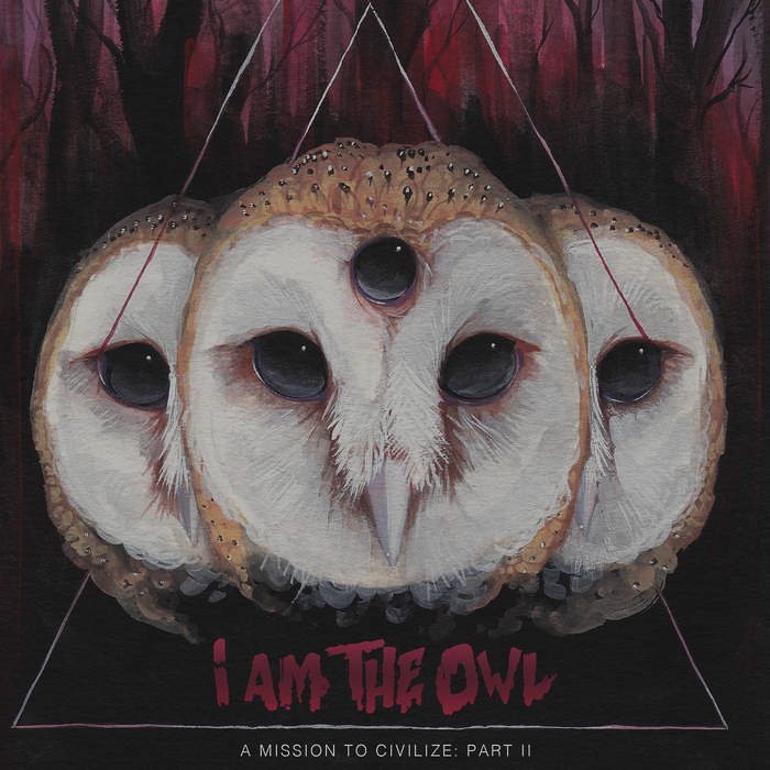 Three owls with dark forest background.
