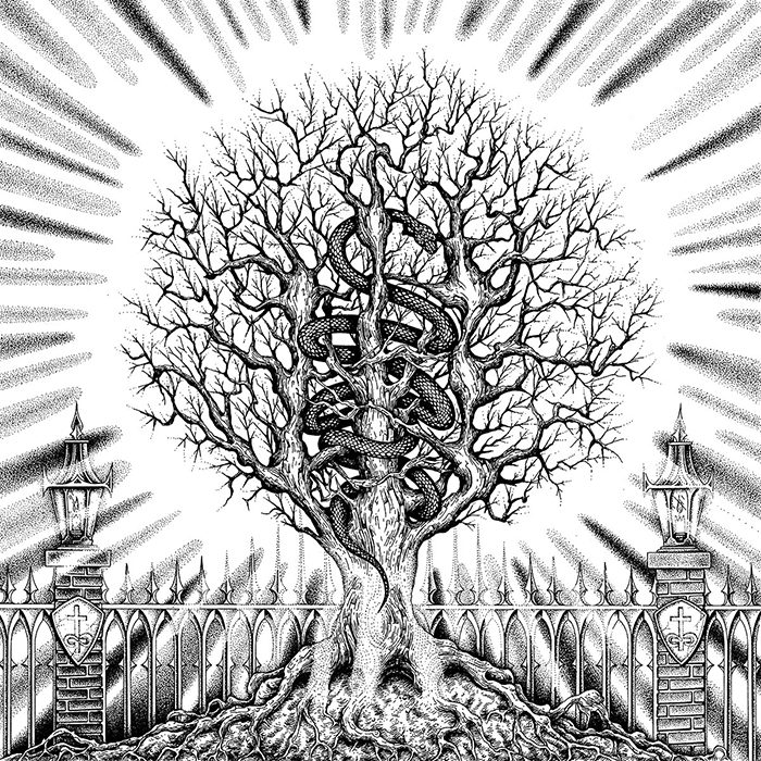 Intricate tree with snakes and radiant background.
