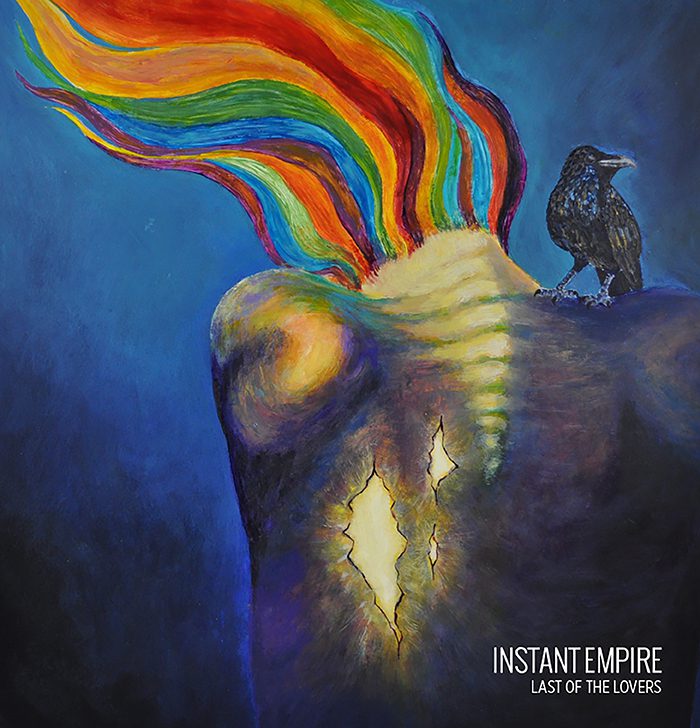 Colorful hair figure with raven, abstract art.