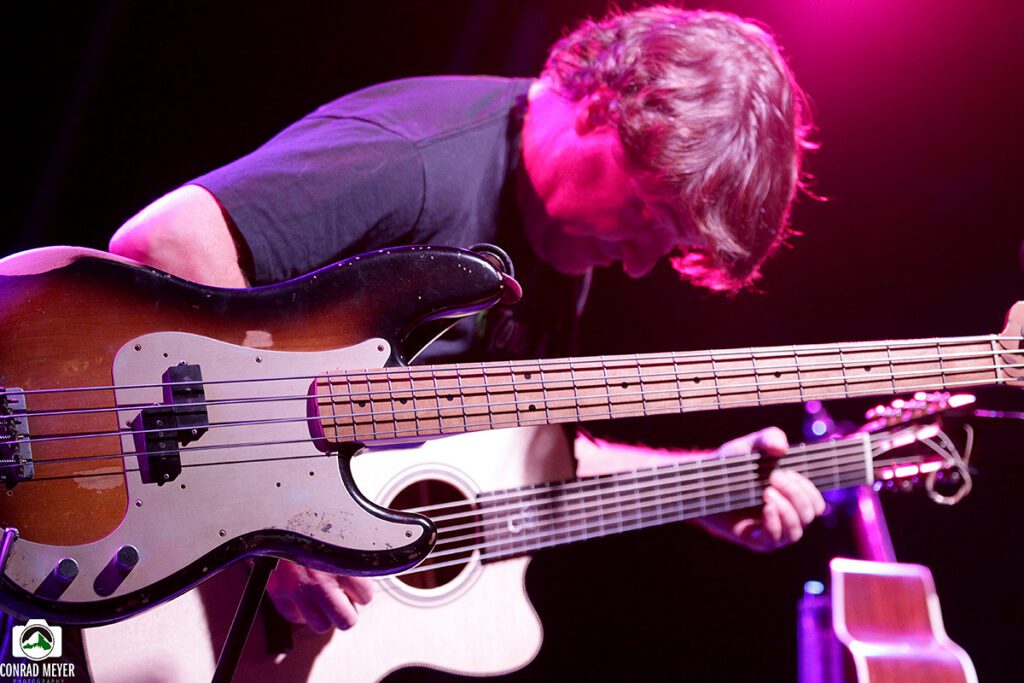 Musician playing bass guitar under purple lighting.