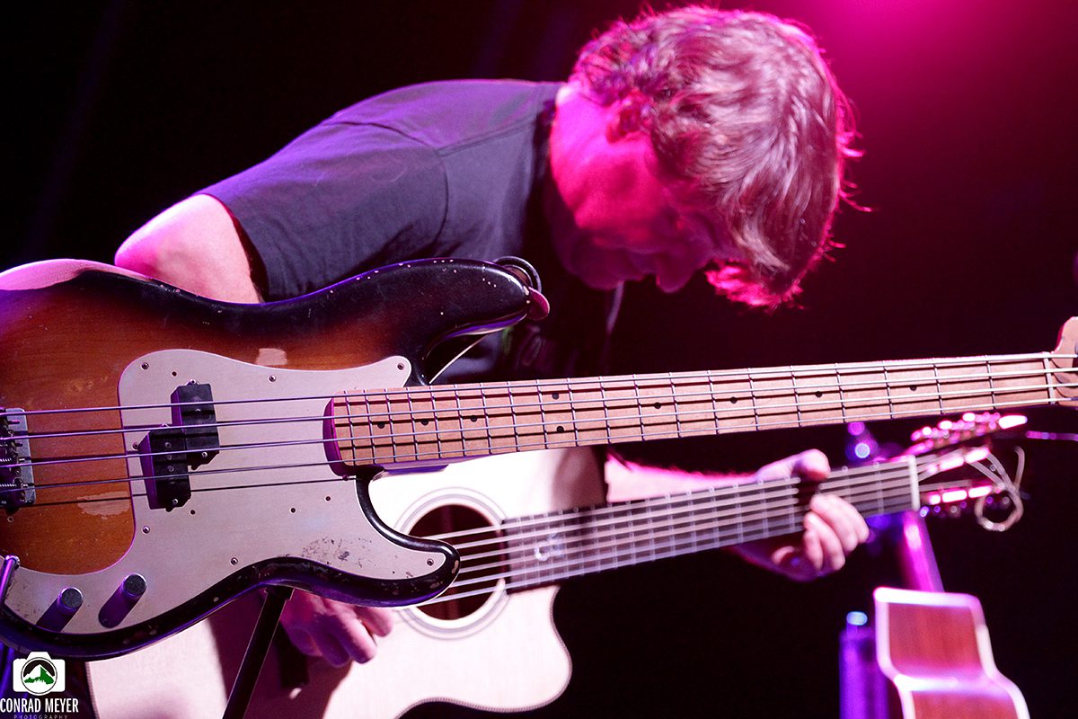 Musician playing bass guitar under purple lighting.