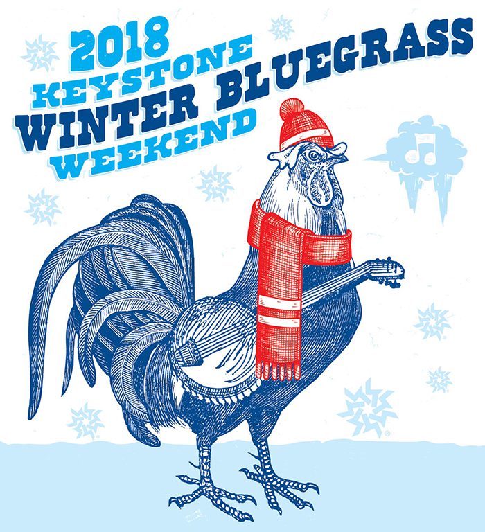 Rooster playing banjo, winter bluegrass festival poster.
