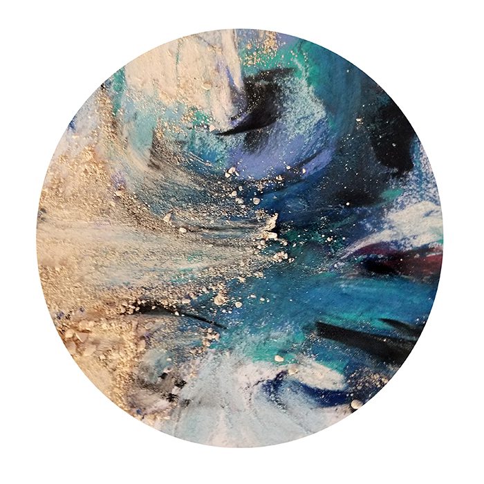 Abstract circular painting with blue and beige.