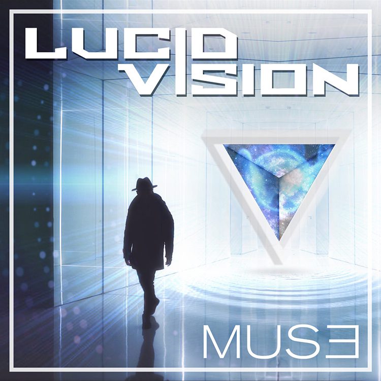 Person in futuristic room with triangle artwork.
