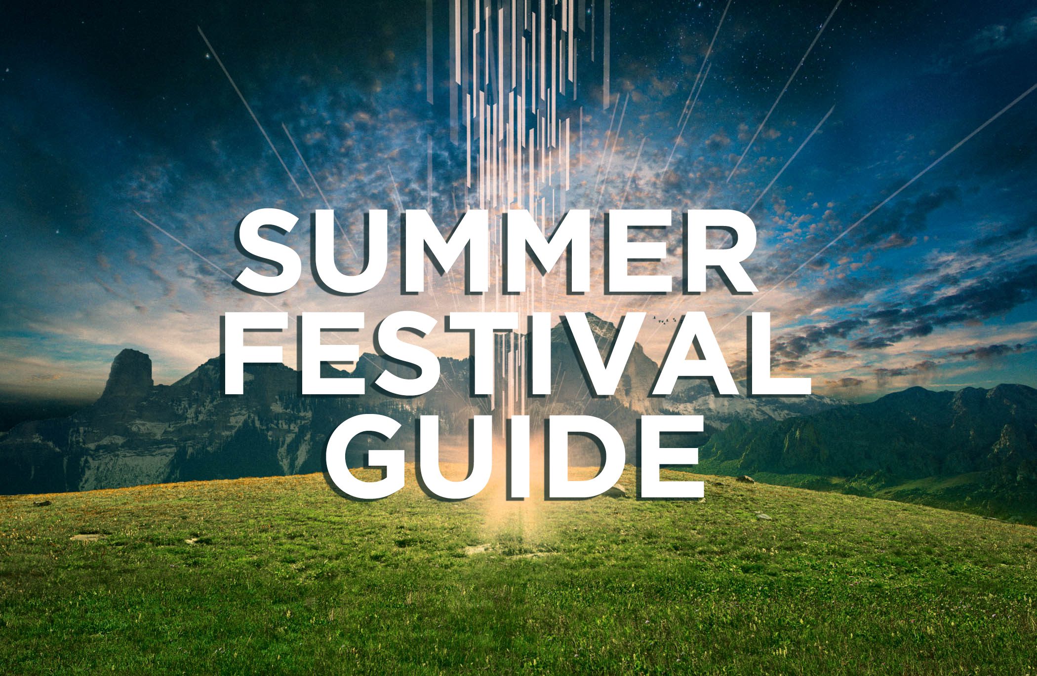 Summer festival guide text over scenic landscape.