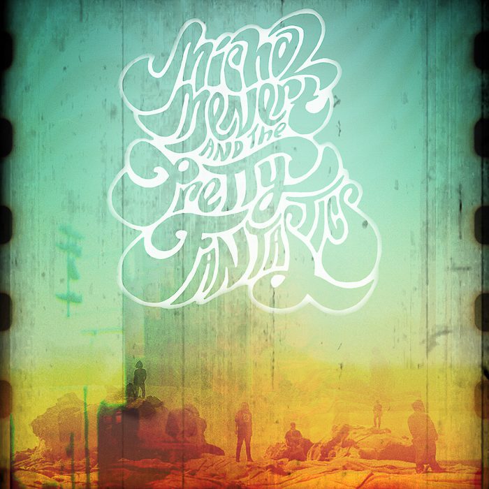 Abstract landscape with stylized text overlay.
