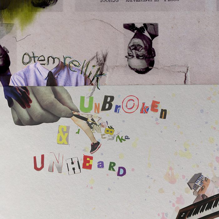 Colorful collage with mixed media elements.