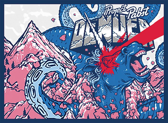 Unicorn with laser eyes atop mountains.