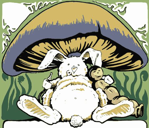 Rabbit and teddy bear under a mushroom.