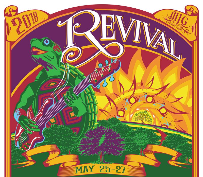Colorful turtle playing guitar, "Revival" festival poster.