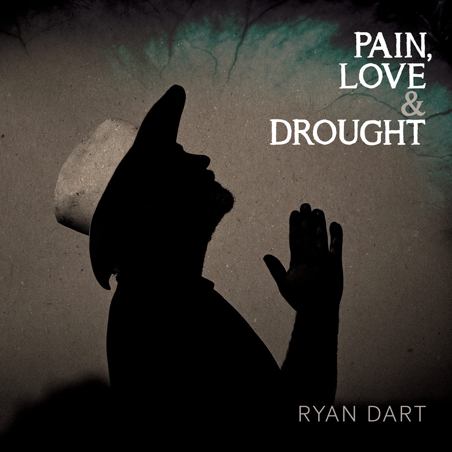Silhouette with hat; text: "Pain, Love, Drought".