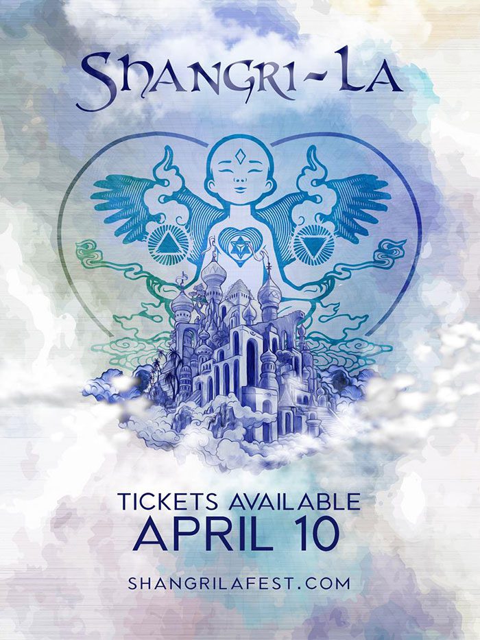 Shangri-La festival poster with mystical design.