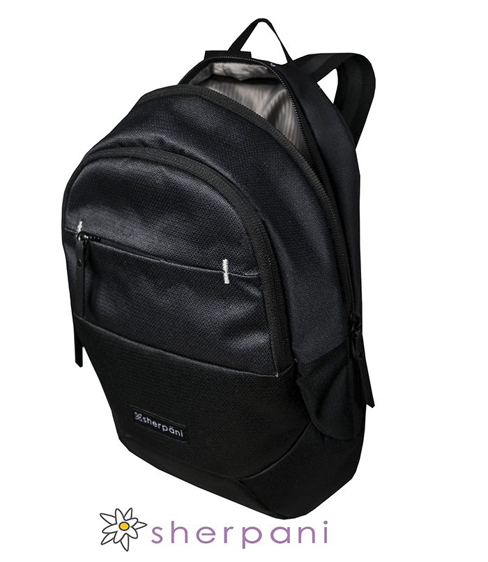 Black Sherpani backpack with front pocket.
