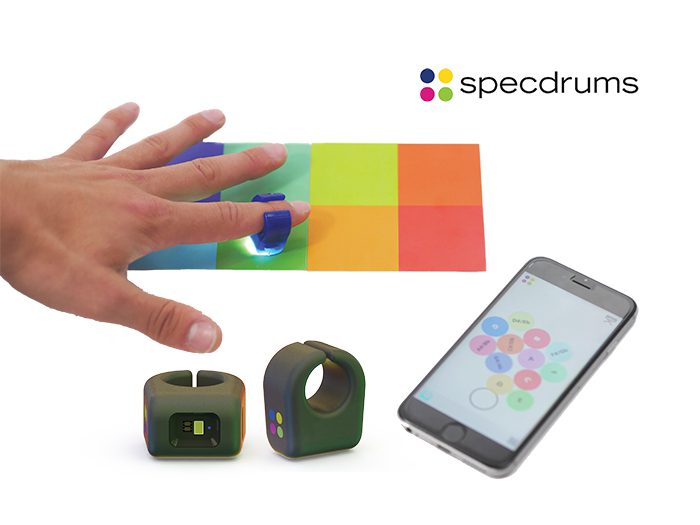 Smart ring creating music on colorful surface.
