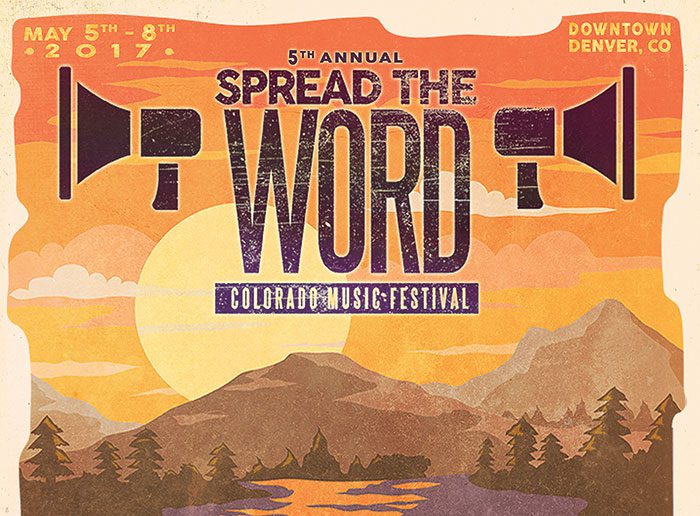 Festival poster with mountains and sunset background.