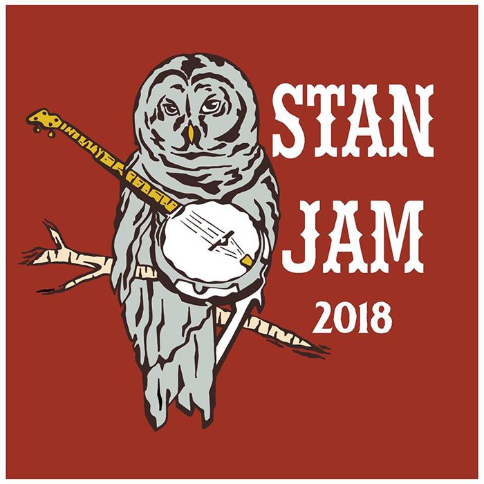 Owl with banjo, "Stan Jam 2018" text.