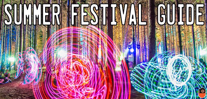 Colorful light trails in a forest festival.