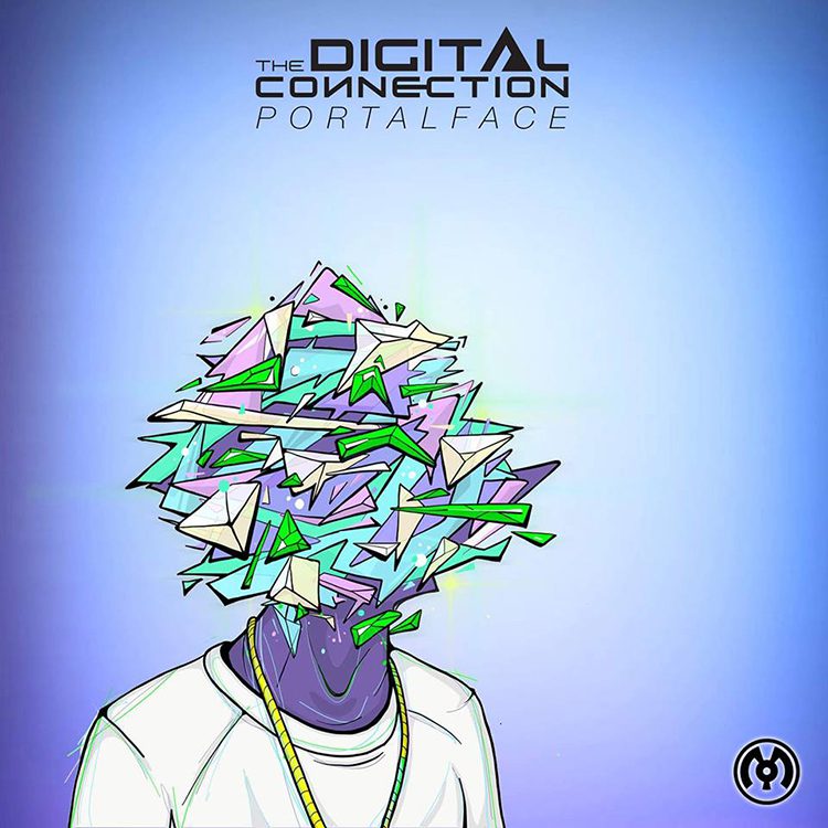 Abstract geometric face with digital elements.