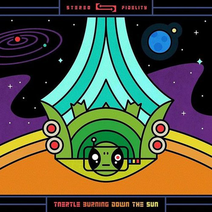 Retro space-themed illustration with abstract elements.