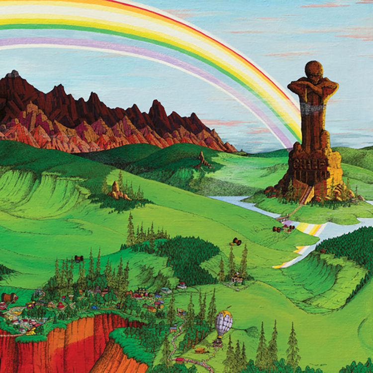 Colorful landscape with rainbow and mountains.