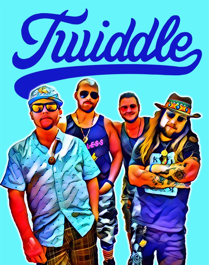 Band members posing with "Twiddle" logo.