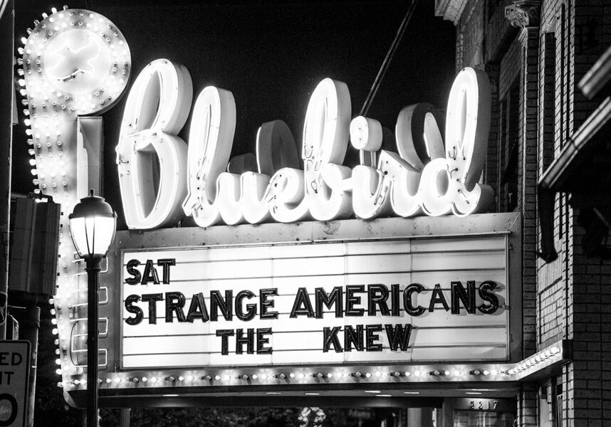Bluebird theater marquee sign at night.