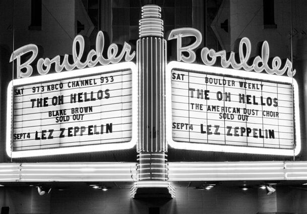 Boulder Theater marquee with concert listings.