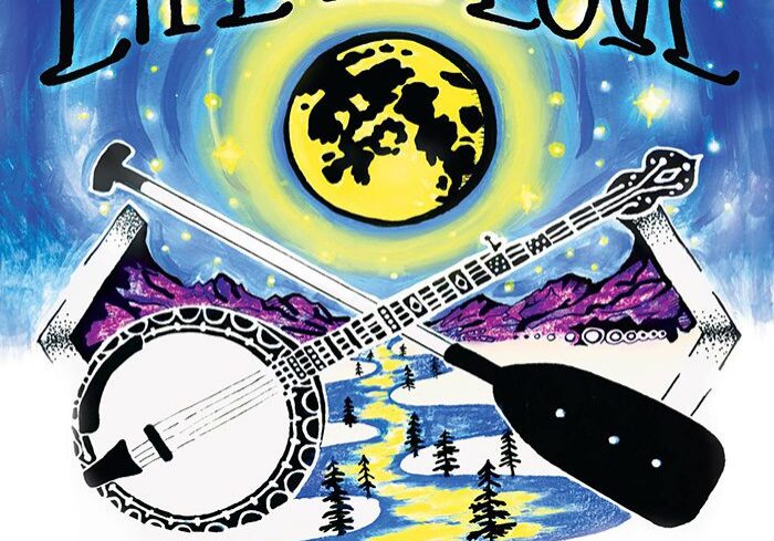 Colorful banjo and paddle with moon background.