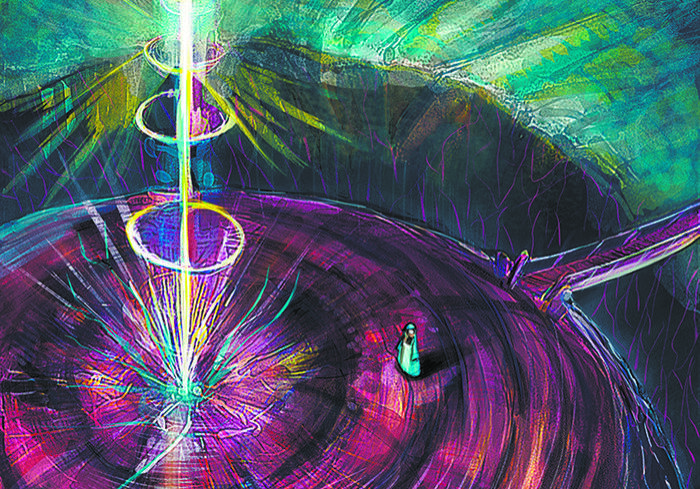 Abstract artwork with vibrant colors and text.