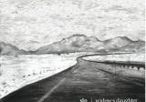 Black and white road with mountains background.