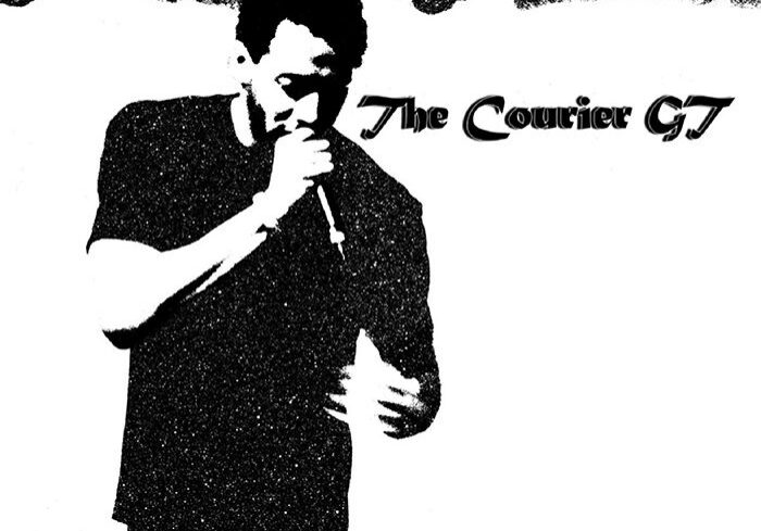 Silhouette of person singing with microphone.