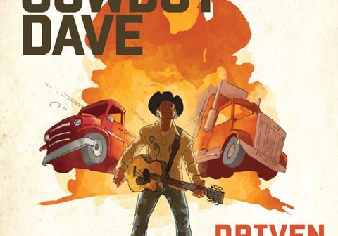 Cowboy with guitar, trucks, and flames background.