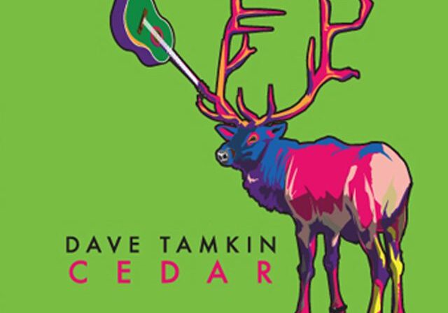 Colorful deer with headphones, green background.