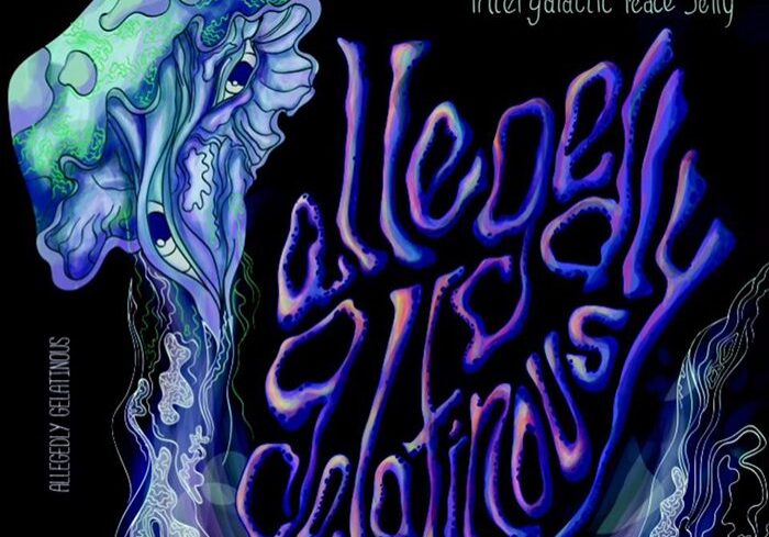 Psychedelic jellyfish with artistic, colorful lettering.