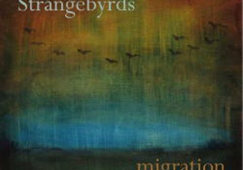 Abstract painting with flying birds and text.