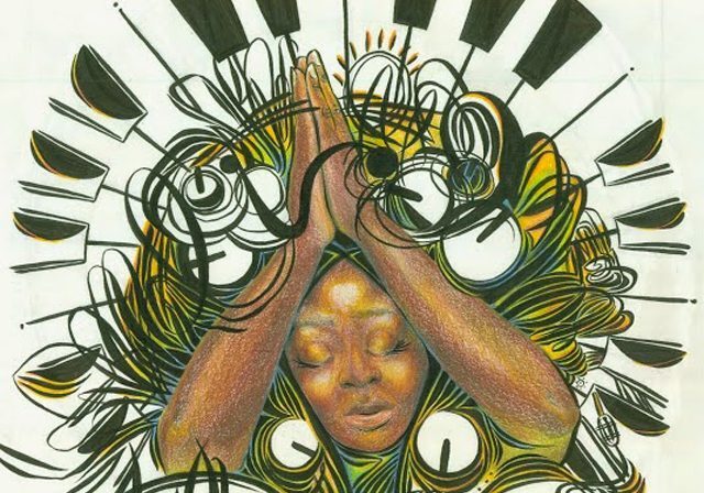 Praying figure with artistic abstract background.