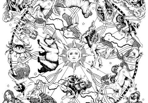 Zodiac-themed illustration with mythical creatures.