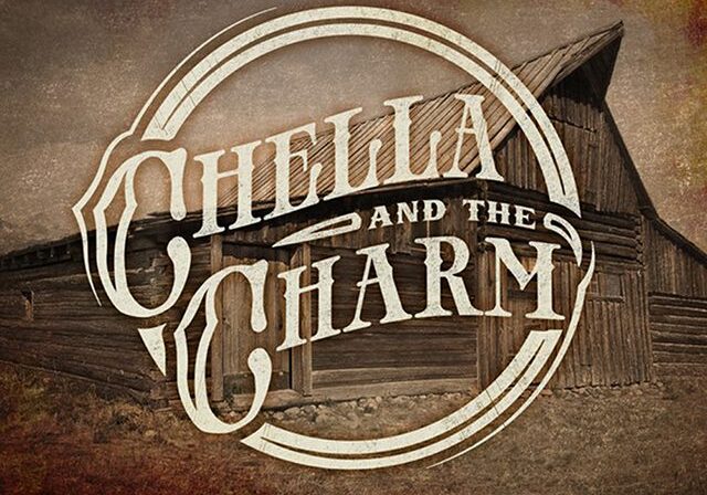 Rustic logo with wooden barn background.