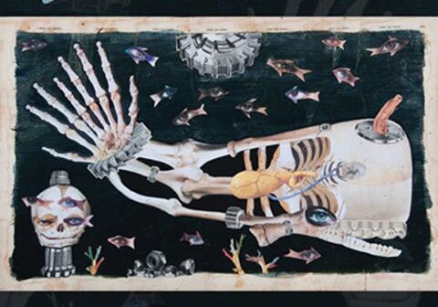 Surreal artwork with skeleton and mechanical elements.
