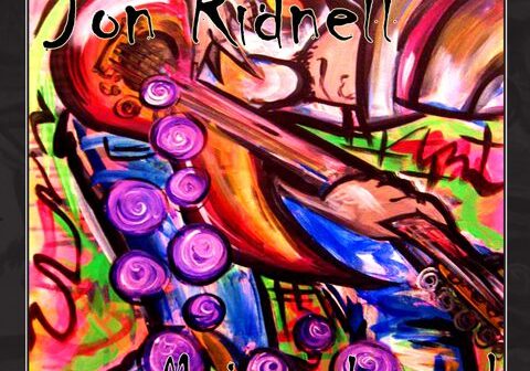 Colorful abstract painting with guitar and text.