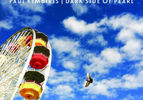 Ferris wheel against blue sky with bird.