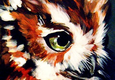 Colorful owl painting with intense green eye.