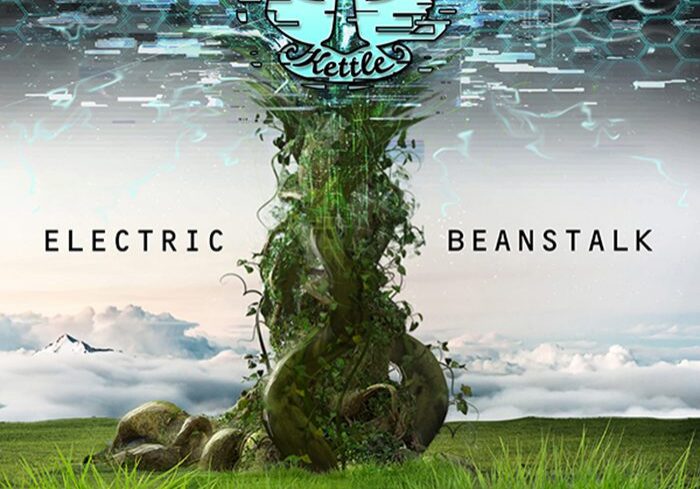 Futuristic beanstalk growing into digital sky.