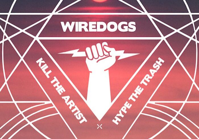 Geometric design with fist and text elements.