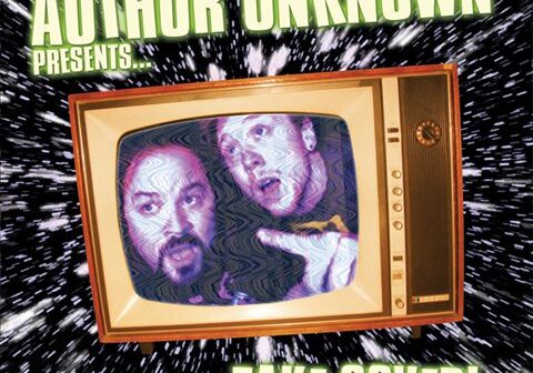 Retro TV with two men, cosmic background.