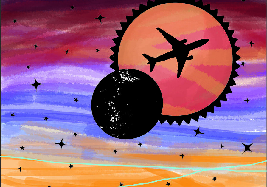 Airplane silhouette against colorful sky and stars.