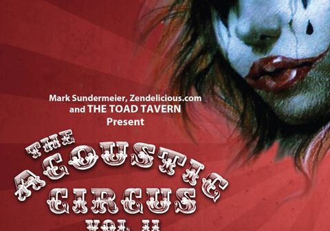 Clown face with text overlaying red background.