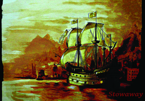 Old sailing ship near rocky coastline.