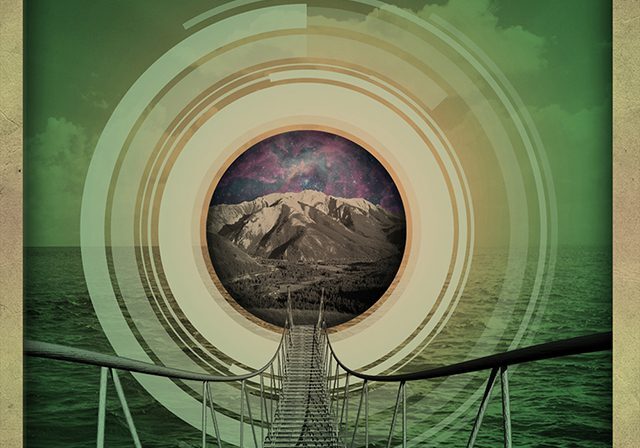 Surreal bridge leading to mountainous landscape.